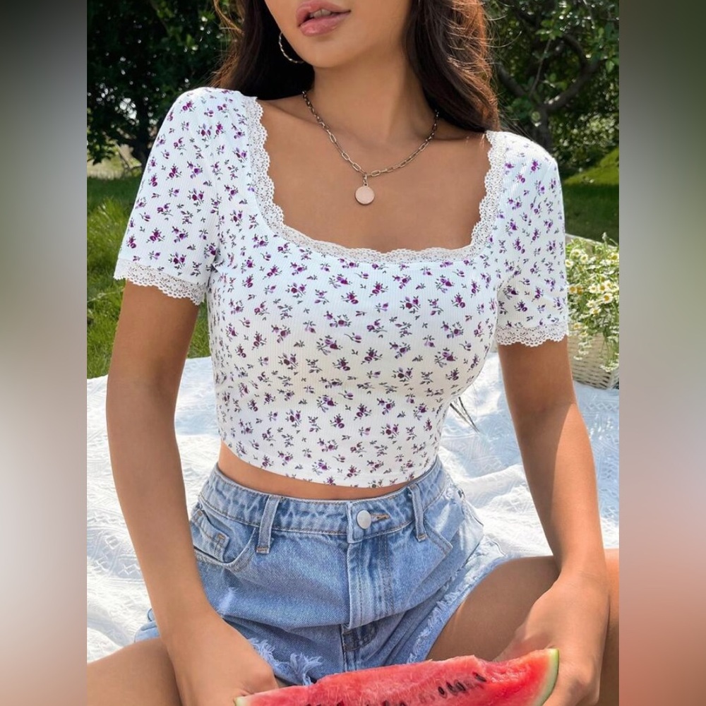 White And Purple Floral Ribbed Off Shoulder Lace Trim Crop Top